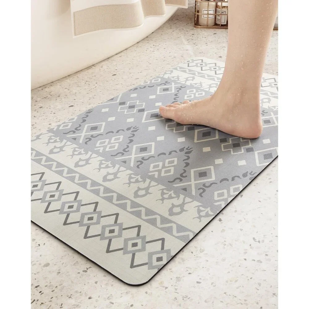 Boho Thin Bath Mat with Super Absorbent Layer Non-Slip Backing Quick Dry